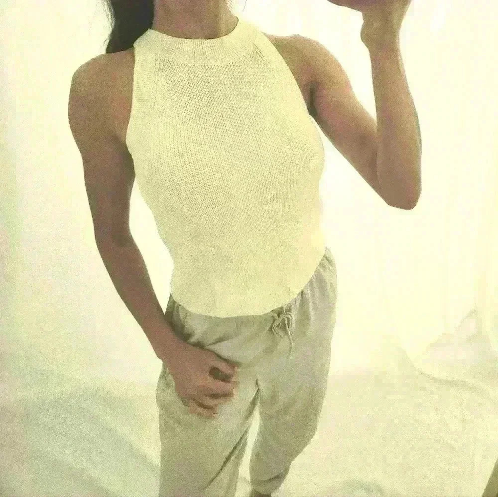 Aritzia Wilfred free knit cream neutral sleeveless mockneck crop top sweater